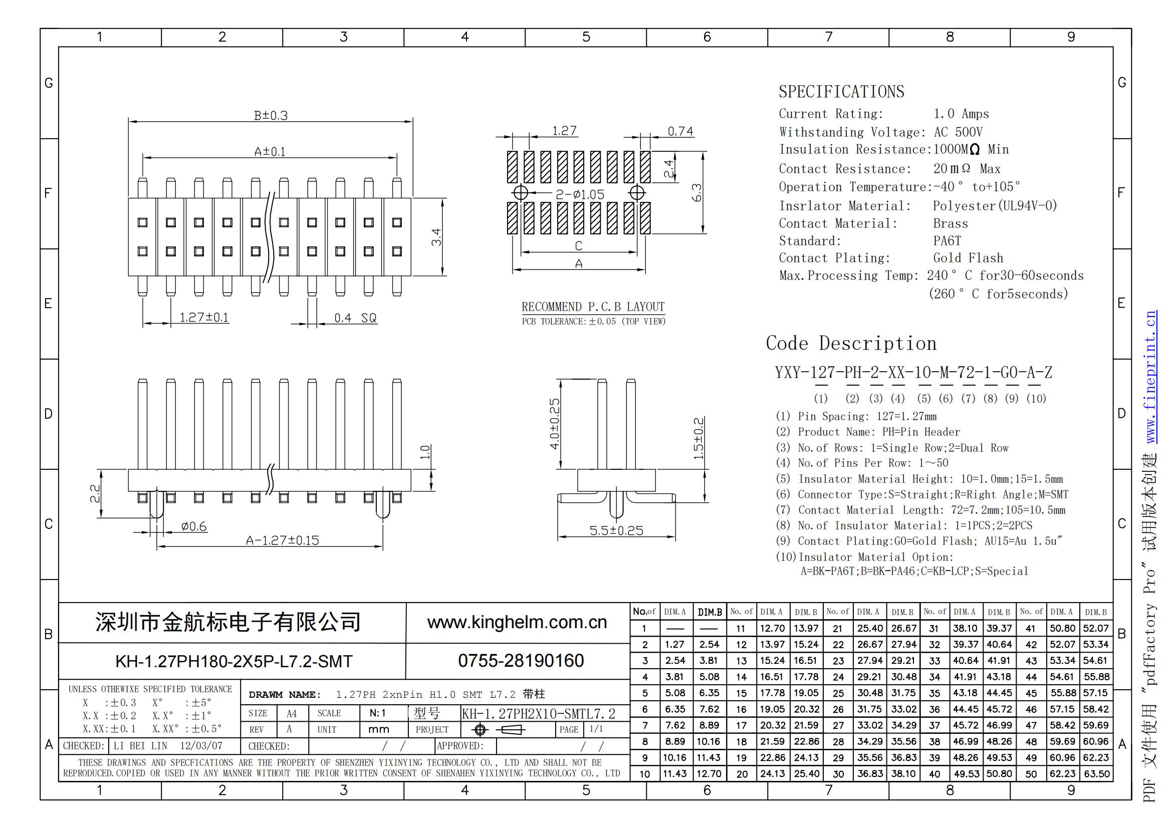 C4943297_排針_KH-1.27PH180-2X5P-L7.2-SMT_規(guī)格書_KINGHELM(金航標)排針規(guī)格書_00.jpg